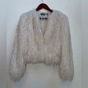 ZARA Ivory Fringe Faux Fur Jacket | XS | Statement Festival Piece